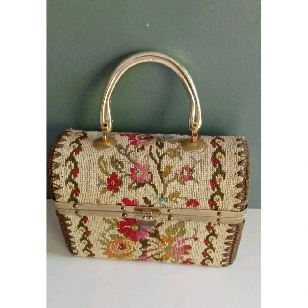 Vintage Floral Tapestry Box Handbag Purse Top Handle Unique Cottagecore Bag‎